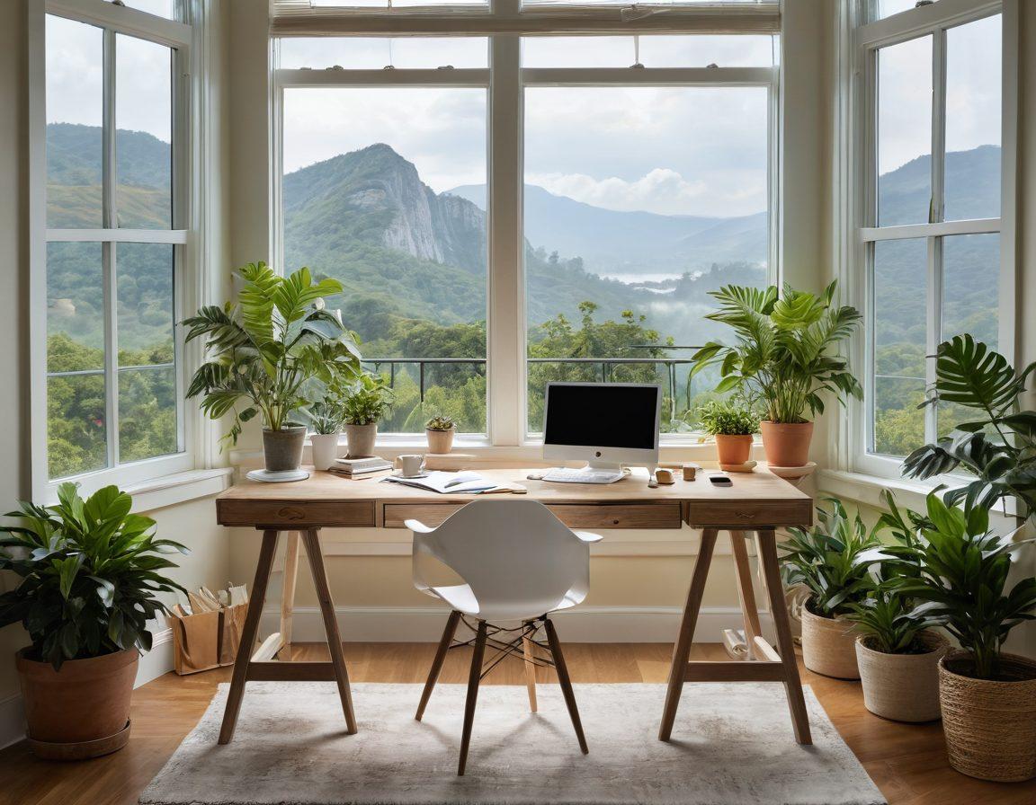 A serene and inviting workspace filled with natural light, featuring a cozy desk adorned with lush plants, a steaming cup of coffee, and a colorful vision board. The background showcases a window with a breathtaking view of a tranquil landscape, symbolizing inspiration and joy. Ensure the colors are soft and vibrant to evoke a sense of happiness and creativity. super-realistic. vibrant colors. soft lighting.