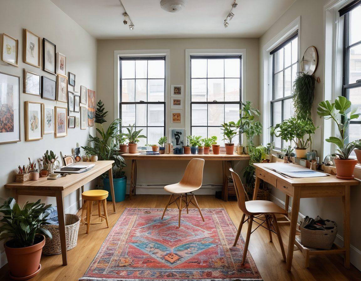 A vibrant and airy creative studio bathed in natural light, featuring eclectic design elements that evoke joy and inspiration. Incorporate colorful artwork on the walls, a cozy workspace with unique furniture, and plants adding a touch of nature. Showcase a diverse group of happy artists collaborating around a central table filled with design materials. super-realistic. vibrant colors. airy atmosphere.
