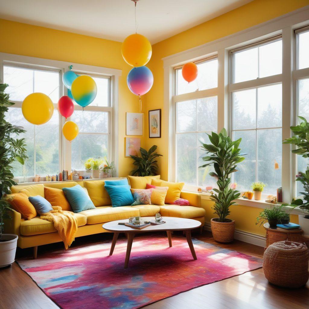 A bright, cheerful studio space filled with colorful art supplies, cozy seating, and abundant natural light streaming through large windows. Include a large canvas with vibrant paint strokes and plants adorning the corners to signify growth and creativity. The atmosphere should evoke happiness and inspiration, with splashes of yellow and turquoise. Whimsical elements like floating balloons or playful patterns should enhance the joyful environment. super-realistic. vibrant colors. cozy atmosphere.